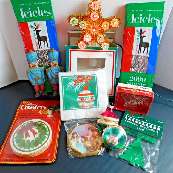 Vintage Christmas LOT 12 pc, 1994 Light Tree Star (works), Shiny Bright, Tinsel - Picture 1 of 16